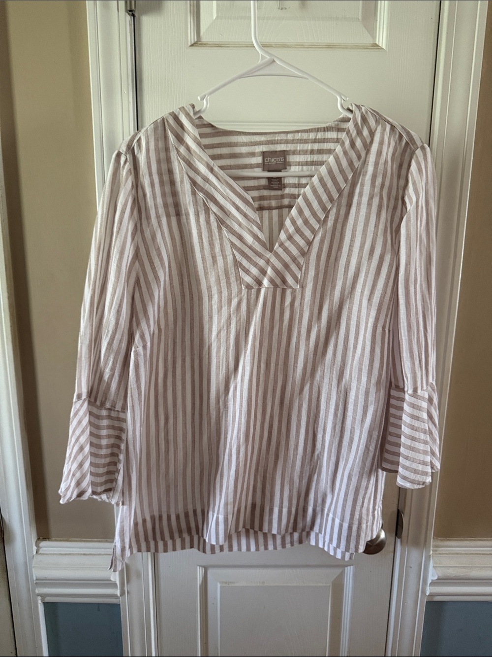 Chico's Beige and White Striped V-Neck Tunic